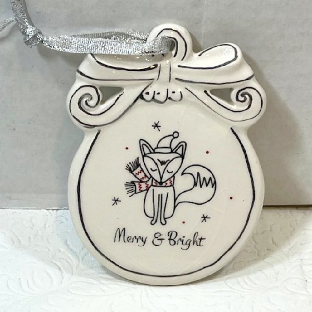 Christmas Fox "Merry & Bright" Ceramic Hanging Holiday Ornament 3"x4.25"